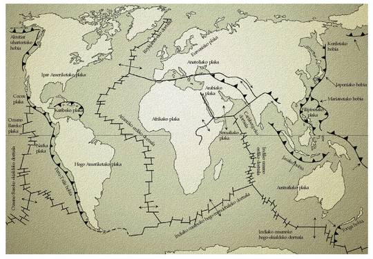 Litosfera plaka nagusien sistema eta plaken arteko mugak.<br><br>Plakak bata bestearekiko higitzen dira eta higidura erlatibo horren arabera definitzen dira mugak. Bereizkuntza ertzetan plakak bata bestetik urrundu egiten dira; baterakuntza ertzetan, aldiz, hurbildu eta bietako bat bestearen azpira sartzen da, subdukzio deritzon prozesuaren bidez. Faila eraldatzaileetan, plakak bata bestearekiko alboka labaintzen dira. Horrela, ozeanoko azala bereizkuntza ertzetan sortu eta baterakuntza ertzetan deuseztu egiten da, eta birziklatze jarraitua sortzen du.<br><br>